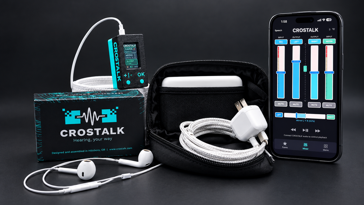 CROSTALK Bundle laid out: CROSTALK on its product box, open carry pouch with power bank, USB-C wall charger and braided cable, Apple EarPods, and an iPhone running the CROSTALK app mixer
