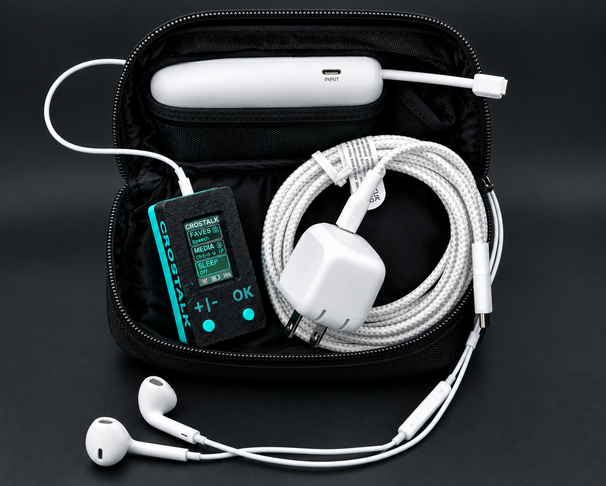 CROSTALK Bundle from above: CROSTALK, Apple EarPods, power bank with built-in cable, USB-C wall charger and braided cable in the open carry pouch