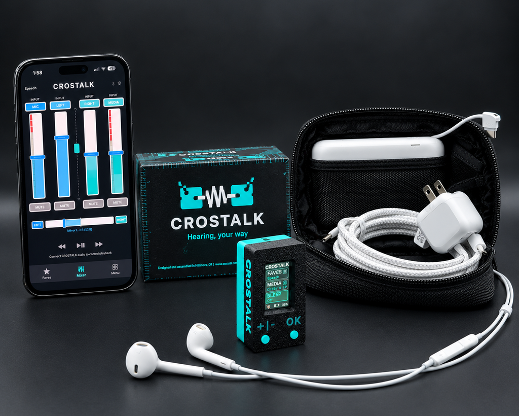 CROSTALK Bundle: iPhone running the CROSTALK app, CROSTALK product box, CROSTALK with Apple EarPods, and the open carry pouch holding the power bank, wall charger and braided cable