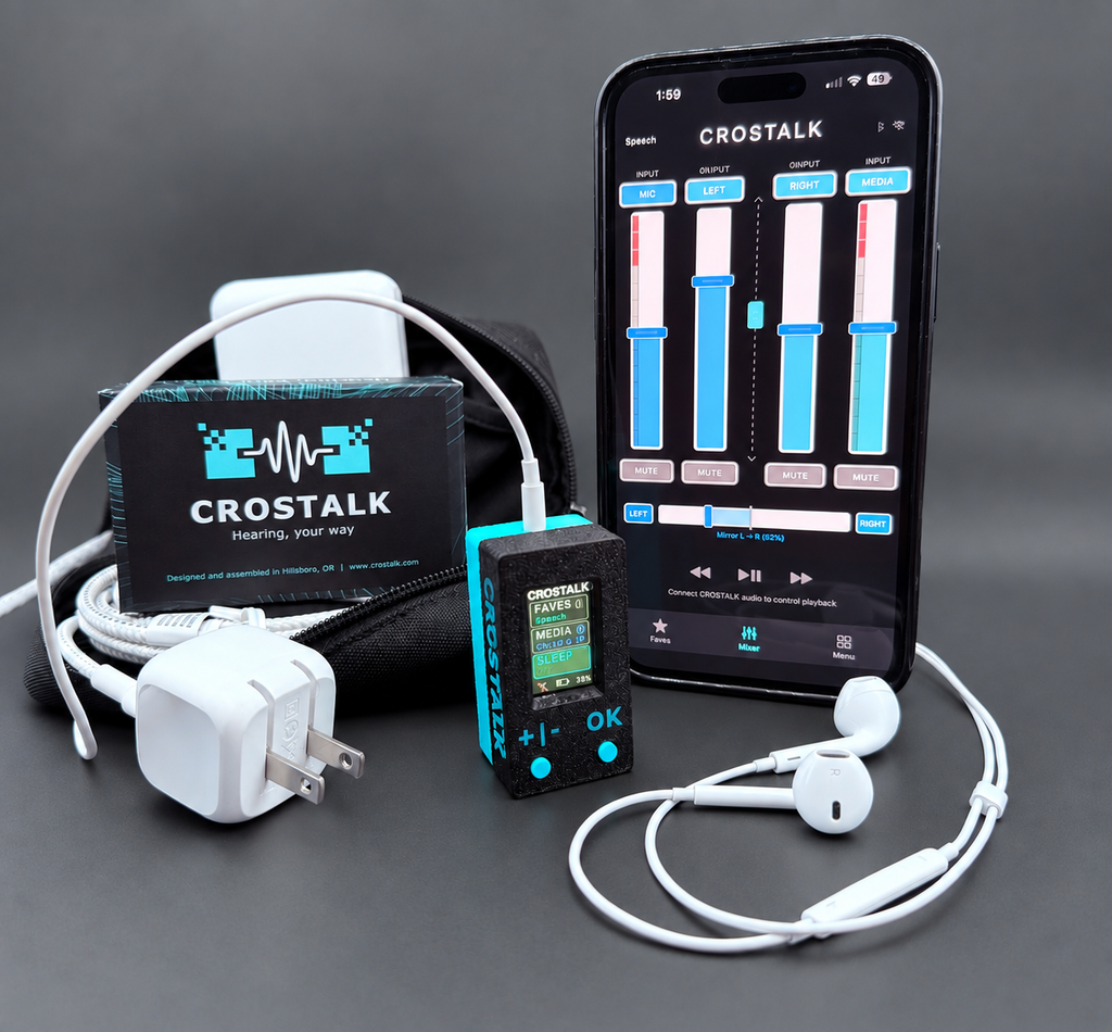 CROSTALK Bundle: CROSTALK with Apple EarPods plugged in, the CROSTALK product box, USB-C wall charger, braided cable and power bank in the carry pouch, beside an iPhone running the CROSTALK app