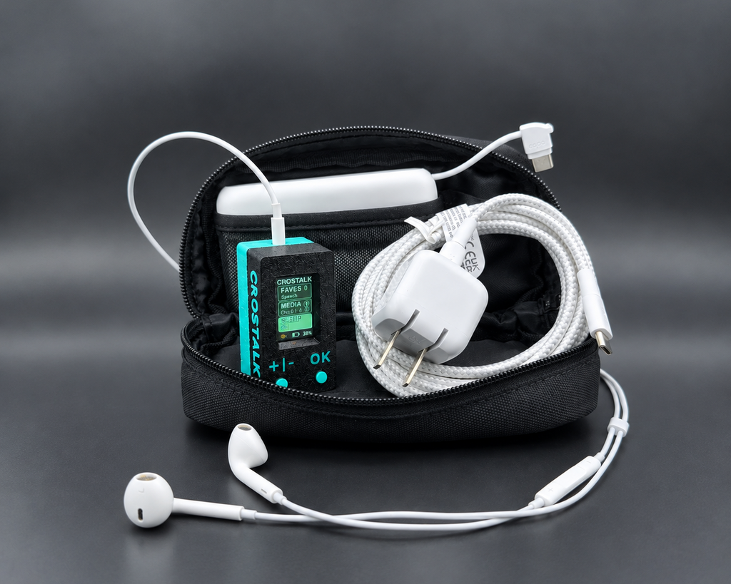 CROSTALK Bundle in its zipper carry pouch: CROSTALK with Apple EarPods plugged in, 10,000mAh power bank, USB-C wall charger and braided cable